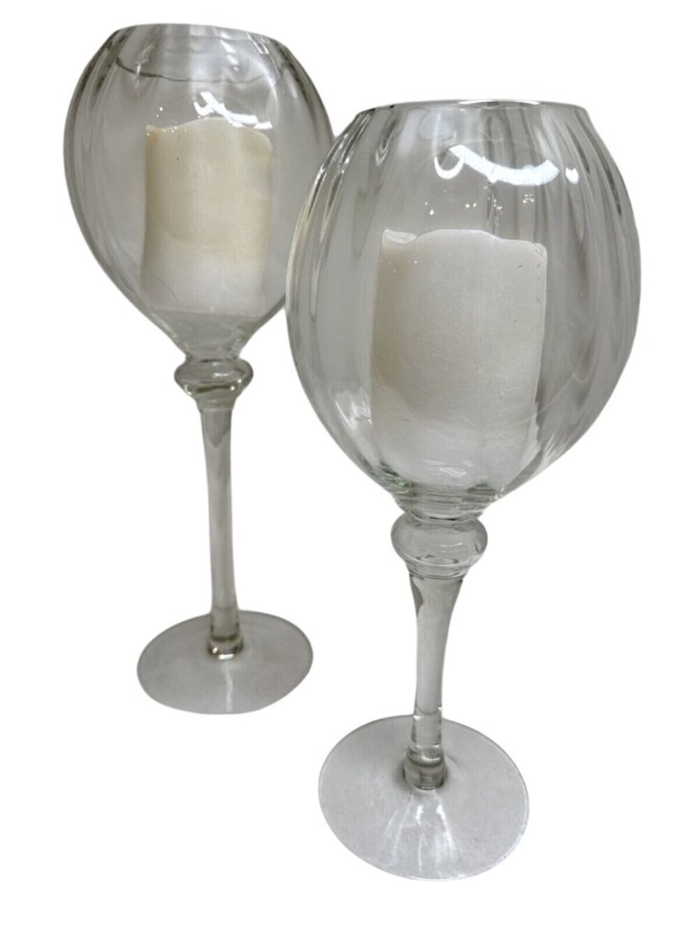 Set Of 2 Glass Candle Holders Goblet Style With White Pillar Candles Elegant Hom